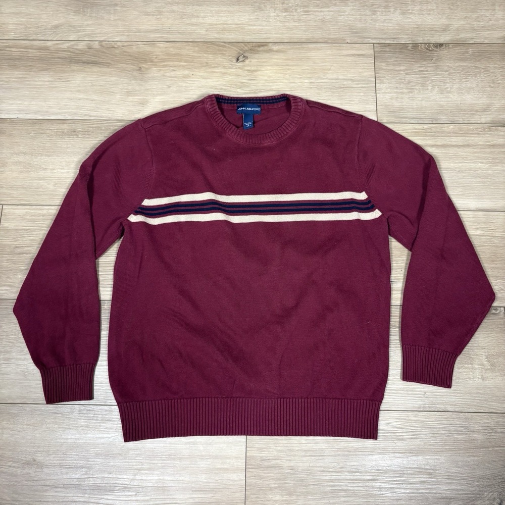 John Ashford Sweater Mens Medium Maroon Beige Gray Stripe Pullover